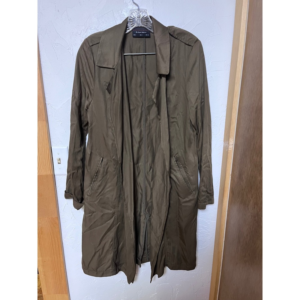 Dress Forum Olive Green Tencel Open Front Duster Trench Coat Womens Small